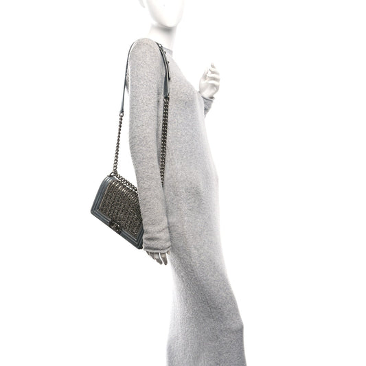 Metallic Lambskin Glass Pearl Embroidered Medium Boy Flap Silver