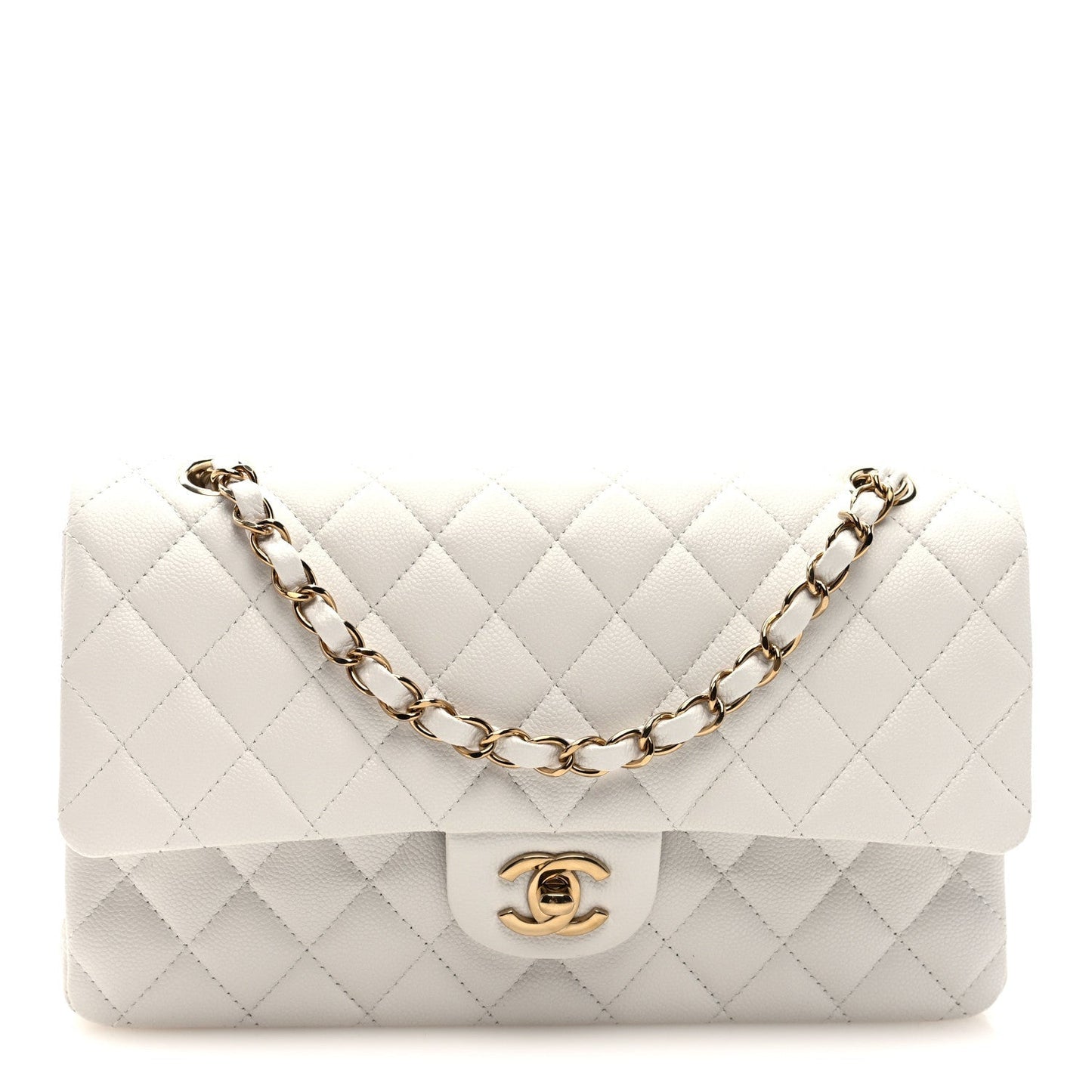 Caviar Quilted Medium Double Flap White