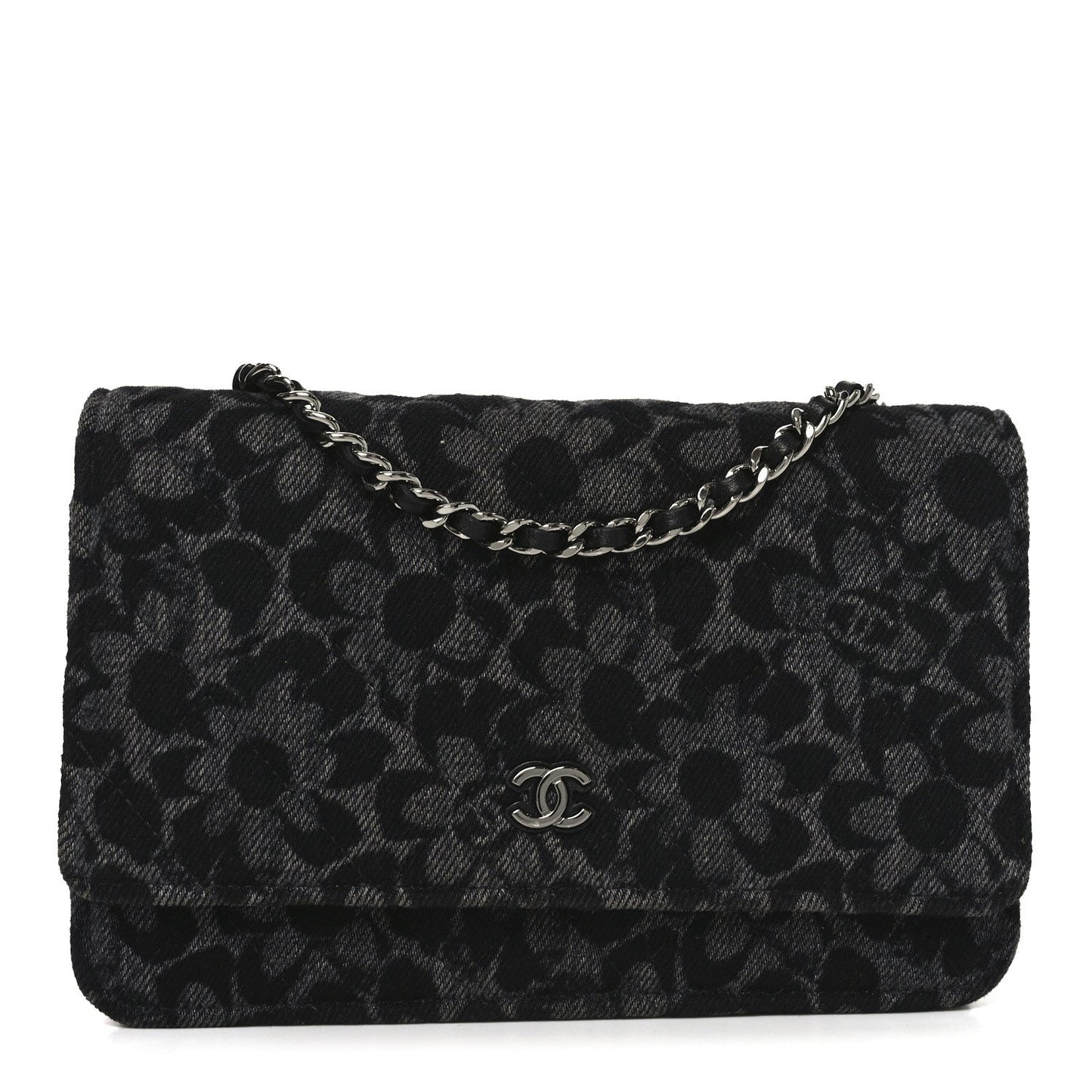 Printed Denim Quilted Flower Wallet On Chain WOC Black