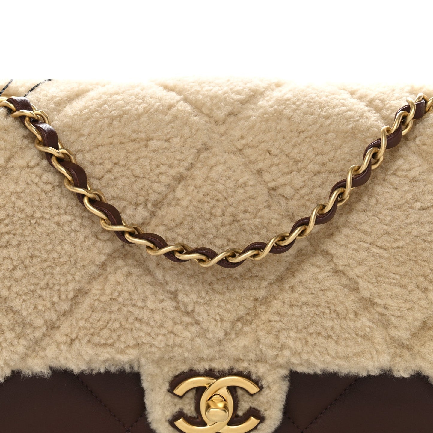 Shearling Lambskin Quilted Furry Coco Flap Dark Brown Beige