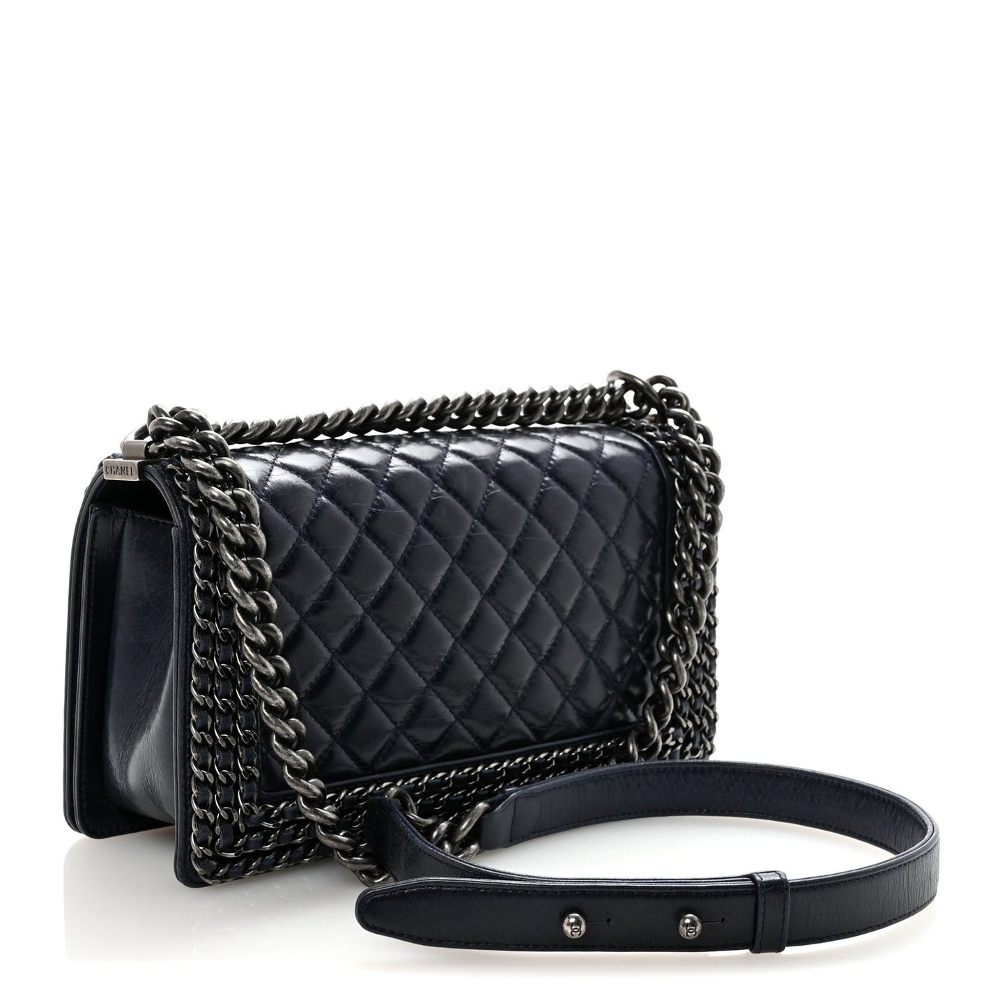 Glazed Calfskin Quilted Medium Boy Chained Flap Blue