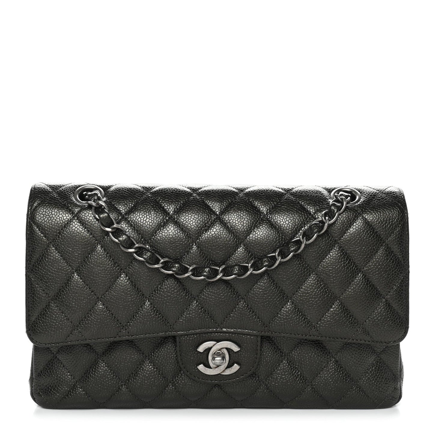 Metallic Caviar Quilted Medium Double Flap Dark Charcoal