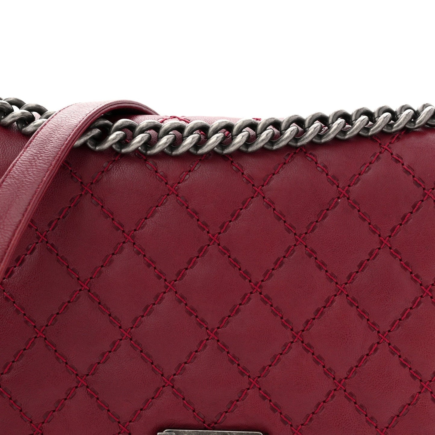 Calfskin Quilted Double Stitch New Medium Boy Flap Burgundy